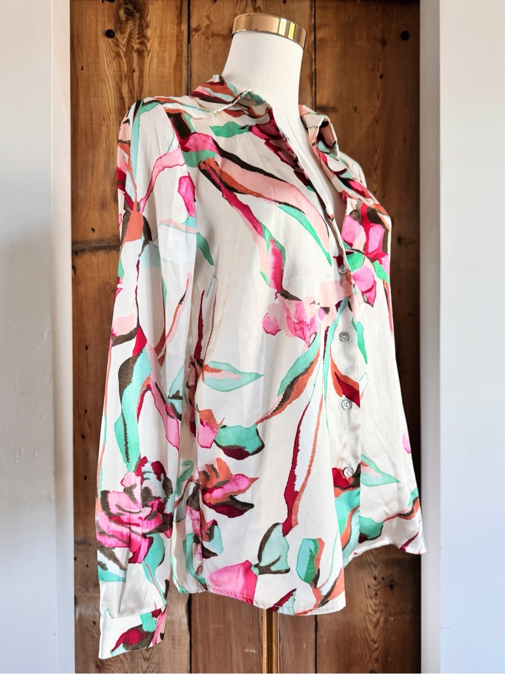 Sz XS Philosophy Floral Brushstroke Button Down Long Sleeve Satin Blouse NWT